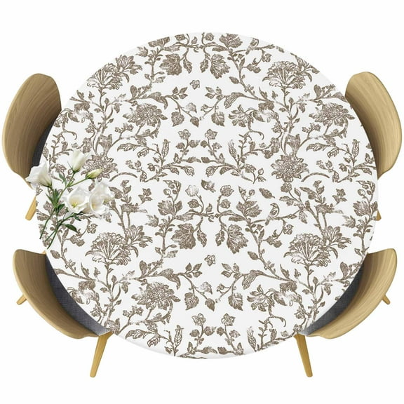 Brown Flower Round Tablecloth 36-44 Inch Round Fitted Table Cloth with Elastic Edge, Vintage Farmhouse Boho Leaf Spring Plant Waterproof Table Cover Protector for Outdoor Picnic Party Dining