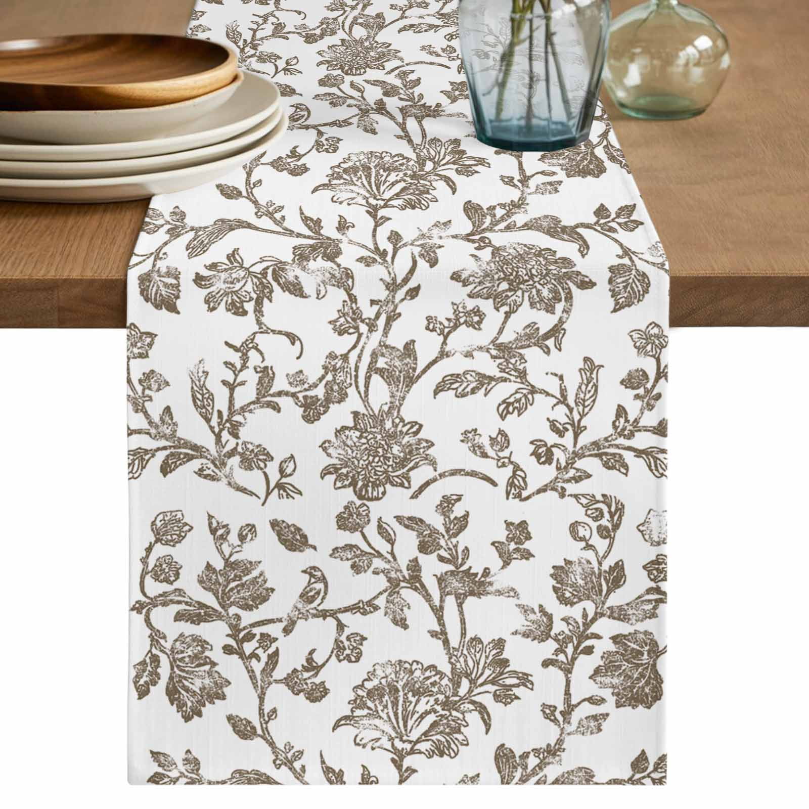 Brown Flower Table Runner 108 Inches Long,Vintage Farmhouse Boho Leaf ...