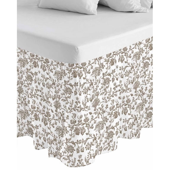 Brown Flower Wrap Around Bed Skirts for Queen Bed 16" Drop,Bed Skirt with Adjustable Elastic Belt Dust Ruffle Bed Valance for Bedroom Hotel Vintage Farmhouse Boho Leaf Spring Plant Bed Frame Cover