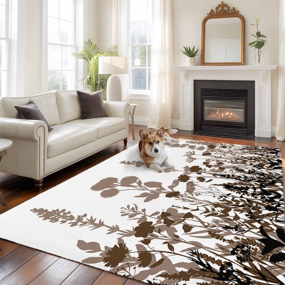 Brown Flowers Area Rug 5x7 FT, Non Slip Bedroom Throw Carpet, Vintage Country Spring Wild Floral Herbs Washable Soft Floor Carpet Non-Shedding Rug for Dining Room Bedside Classroom Desk