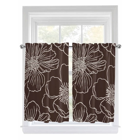 Brown Flowers Bathroom Window Curtain, Spring Floral Botanical Modern Art Light Filtering Coffee Kitchen Curtains, Bedroom Living Room Curtains 2 Panel 84"x45"