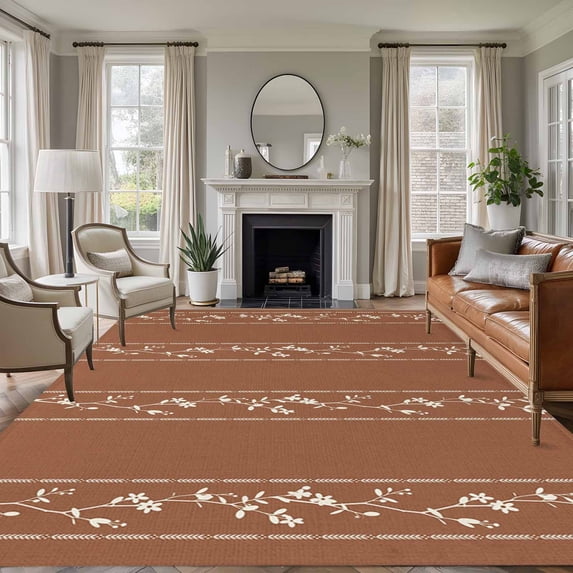 Brown Flowers Branch Area Rugs 6'x9', Washable Small Throw Rugs for Kitchen Dining room, Spring Summer Farmhouse Botanical Indoor Outdoor Rug Non-Slip Low Pile Carpet Runner Reversible Floor Mats