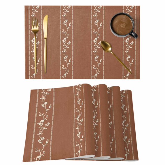 Brown Flowers Branch Placemats Set of 12 Spring Summer Farmhouse Botanical Place Mats Indoor Wipeable Table Mats Washable Cloth Dining Table Placemats for Kitchen Holiday Party Home Decor 13x19 Inch