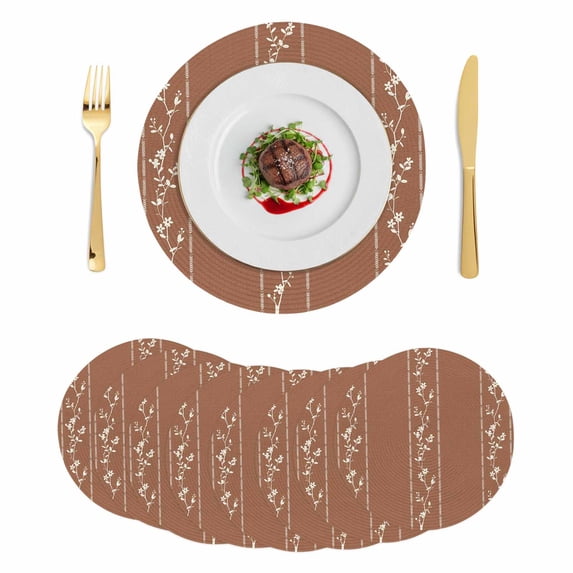 Brown Flowers Branch Round 15 Inch Placemats Set of 8, Spring Summer Farmhouse Botanical HeatResistant Non Slip Place Mats for Dining Table, Wipeable Braided Kitchen Table Mats for Housewarming