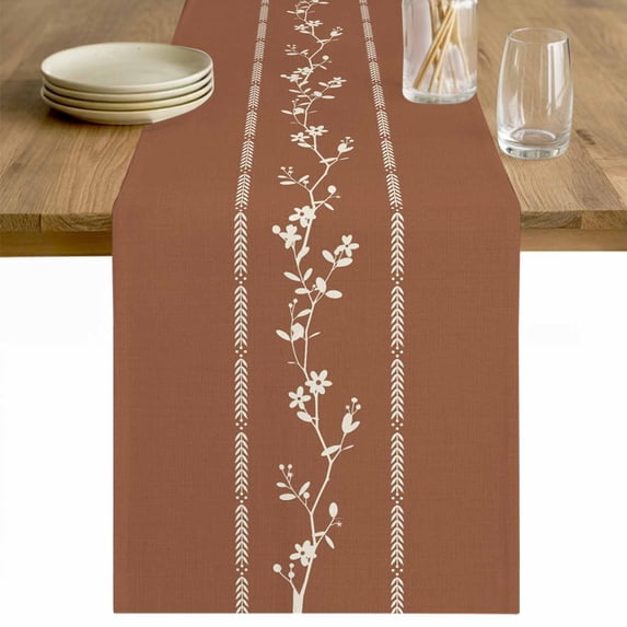 Brown Flowers Branch Table Runner - 90 Inch Long Spring Summer Farmhouse Botanical Cotton and Linen Blended Dress Scarves Farmhouse Table Runner for Kitchen Dining, Coffee Table, 13" x 90"