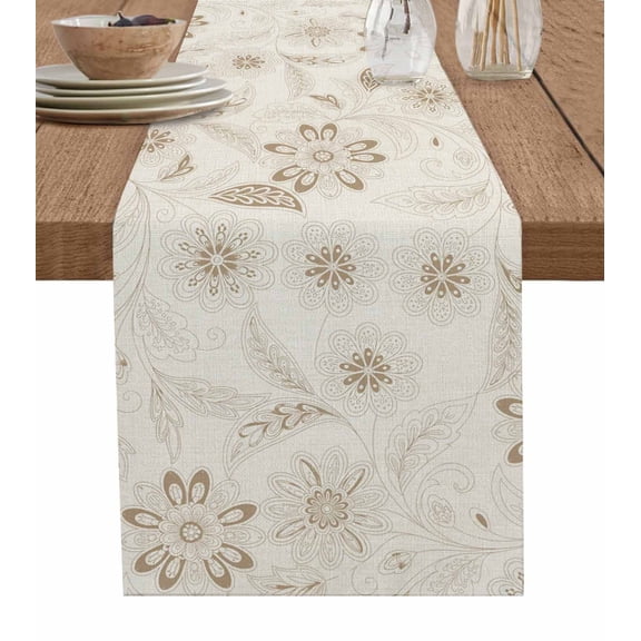 Brown Flowers Burlap Cotton Table Runner 13x70 Inches Long, Vintage Ethnic Tribal Floral Leaves Farmhouse Table Runners, Outdoor Dining Tablecloths Decor for Baby Shower/Party/Wedding