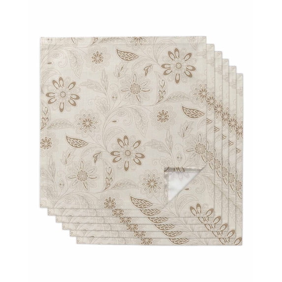 Brown Flowers Cloth Napkins Set of 6 Reusable Dinner Napkins, Vintage Ethnic Tribal Floral Leaves Cocktail Napkin Washable Table Napkins for Wedding/Holiday Party/Baby Shower 20"x20"