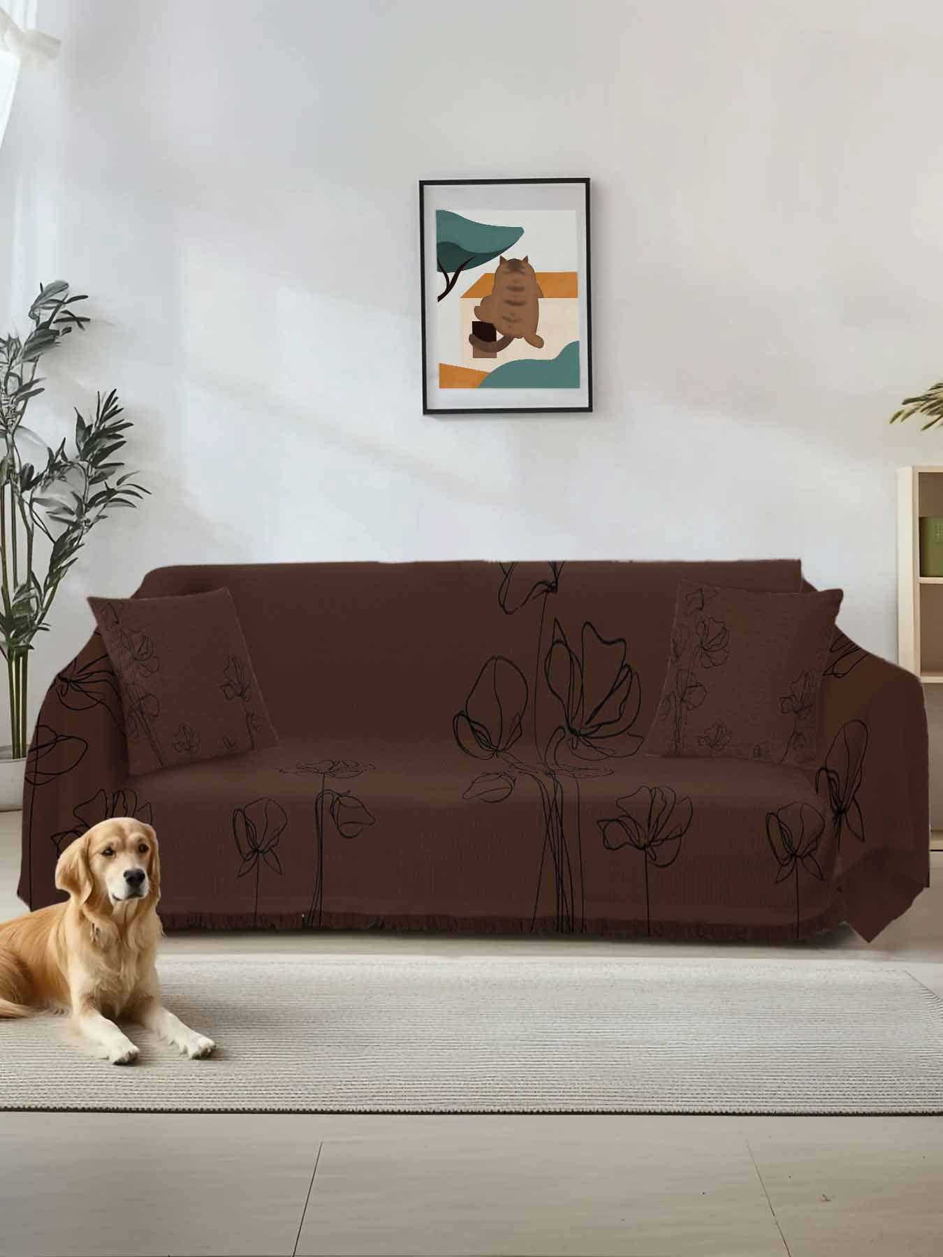 Brown Flowers Couch Cover for Dogs, Japanese Abstract Floral Plants ...