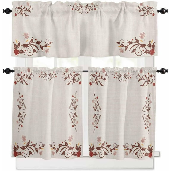 Brown Flowers Kitchen Curtains and Valances Set, Rod Pocket Curtains Tier Farmhouse Window Curtains 24 Inch Length, Minimalism Farmhouse Fall Leaves Vines 3 Piece Kitchen Curtains Set