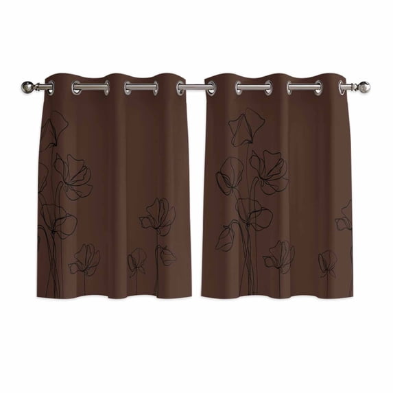 Brown Flowers Kitchen Curtains Window Panels, Japanese Abstract Floral Plants Simple Art Insulated Window Treatment Curtain, Grommet Curtains for Bedroom/Living Room/Bathroom, 2 Piece 52"Wx45"L