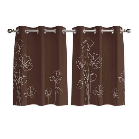 Brown Flowers Kitchen Curtains Window Panels, Pastoral Abstract Floral Minimalist Art Insulated Window Treatment Curtain, Grommet Curtains for Bedroom/Living Room/Bathroom, 2 Piece 52"Wx45"L