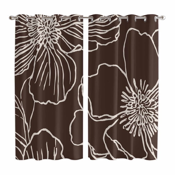 Brown Flowers Kitchen Curtains Window Panels, Spring Floral Botanical Modern Art Insulated Window Treatment Curtain, Grommet Curtains for Bedroom/Living Room/Bathroom, 2 Piece 52"Wx84"L