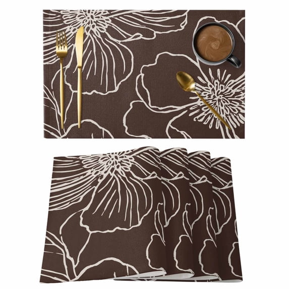 Brown Flowers Placemats Set of 4, Spring Floral Botanical Modern Art Placemats for Dining Table, Place Mats for Kitchen Tabletop, Waterproof Wipeable Dining Table Mats Set