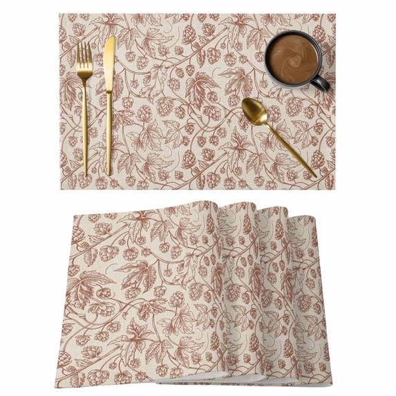 Brown Flowers Placemats Set of 4, Vintage Farmhouse Floral Leaves Vines Placemats for Dining Table, Place Mats for Kitchen Tabletop, Waterproof Wipeable Dining Table Mats Set