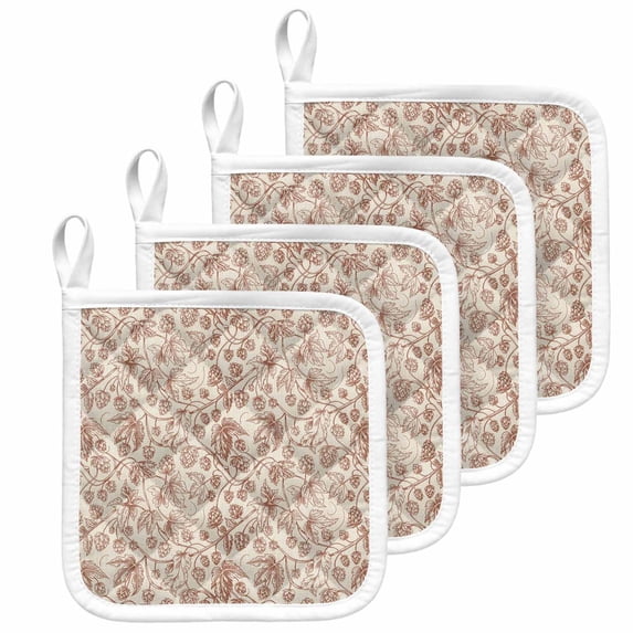 Brown Flowers Pot Holders for Kitchen Heatproof Potholder, 4 Pack Vintage Farmhouse Floral Leaves Vines Hot Pads Multipurpose Oven Pads Cloth Potholders Trivet for Cooking and Baking