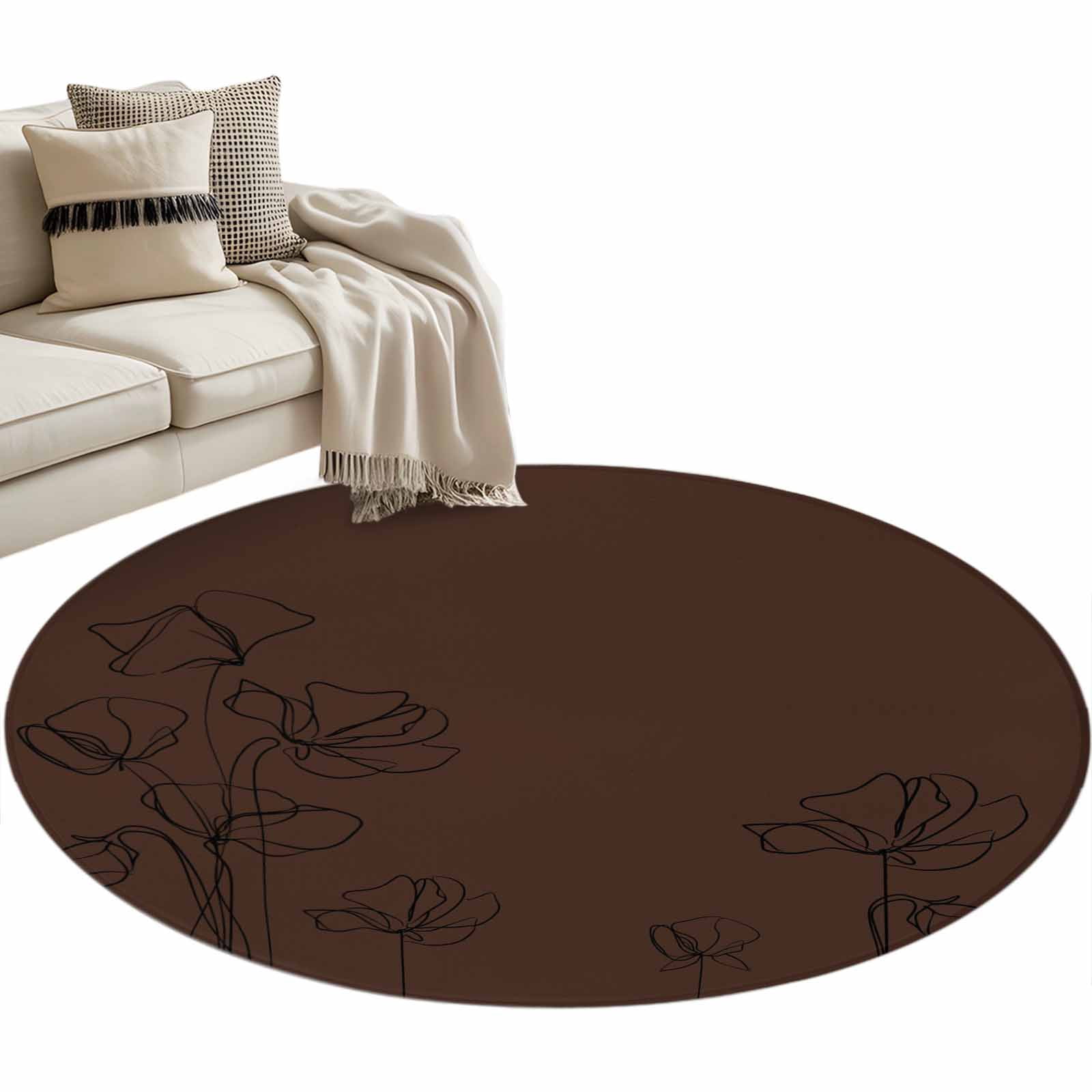 Brown Flowers Round Area Rugs Collection 3.3', Japanese Abstract Floral ...