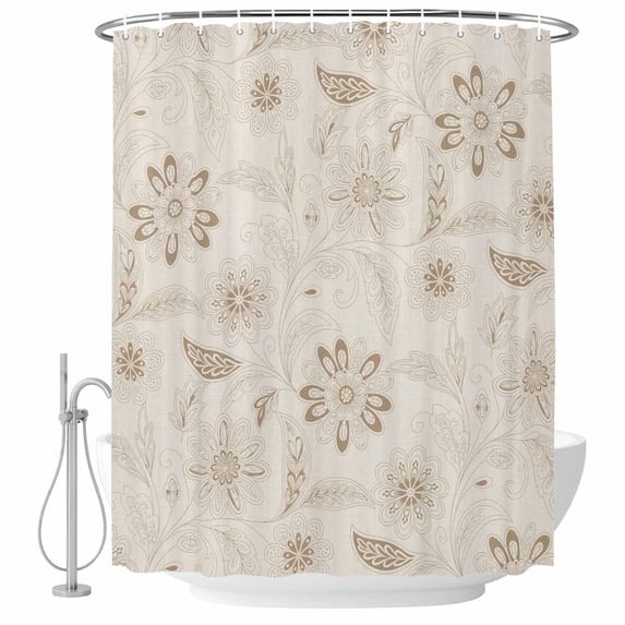 Brown Flowers Shower Curtain, Waterproof Shower Curtains for Bathroom, Vintage Ethnic Tribal Floral Leaves Washable Fabric Bathtub Curtain Set Bath Decor with 12 Hooks Extra Long 72"x96"
