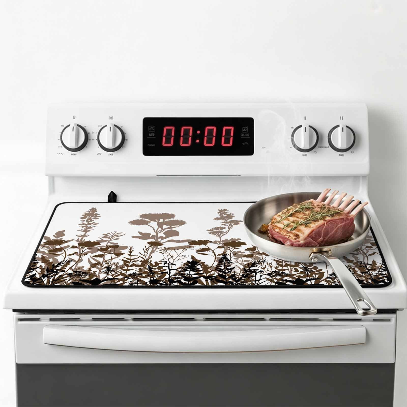 Brown Flowers Stove Top Cover for Electric Stove, Heat-proof & Non Slip Glass Top Stove Cover Protector, Vintage Country Spring Wild Floral Herbs Kitchen Flat Cooktop Rubber Mat 36x21 Inches