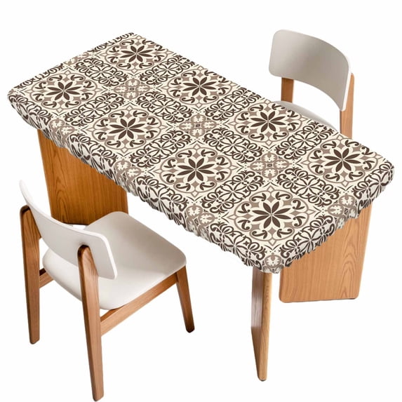 Brown Flowers Table Cloths for 5 Foot Rectangle Tables, Vintage Country Abstract Floral Patterned Patio Waterproof Elastic Fitted Tablecloths, Washable Rectangular Table Cover for Camping