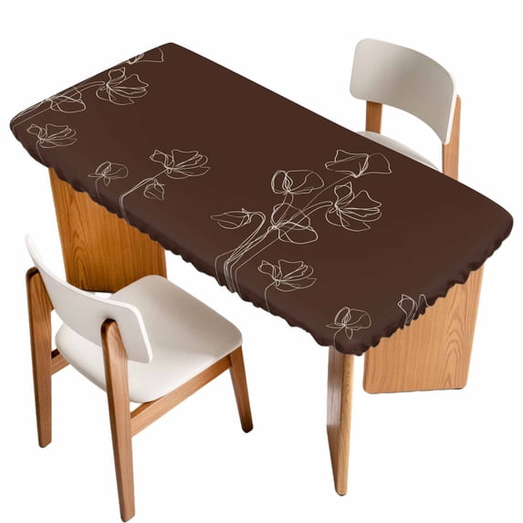 Brown Flowers Table Cloths for 6 Foot Rectangle Tables, Pastoral Abstract Floral Minimalist Art Patio Waterproof Elastic Fitted Tablecloths, Washable Rectangular Table Cover for Camping
