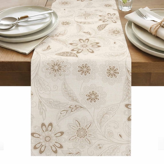 Brown Flowers Table Runner - 60 Inch Long, Kitchen Dining Table Runner Dresser Scarves, Vintage Ethnic Tribal Floral Leaves Farmhouse Decor for Coffee Tables Wedding Party Banquet