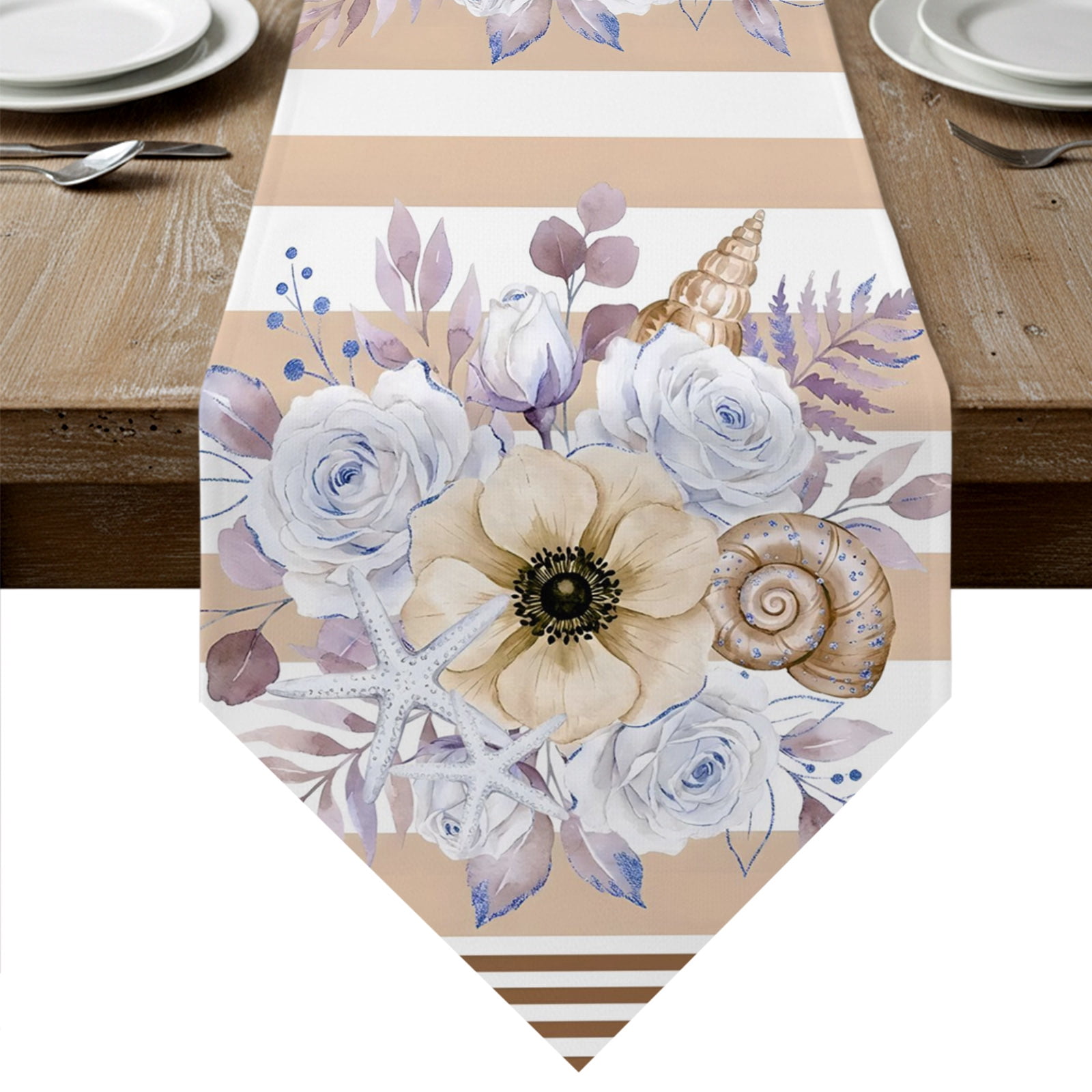 Brown Flowers Table Runner Linen Burlap Table Runner 108 Inches Long ...