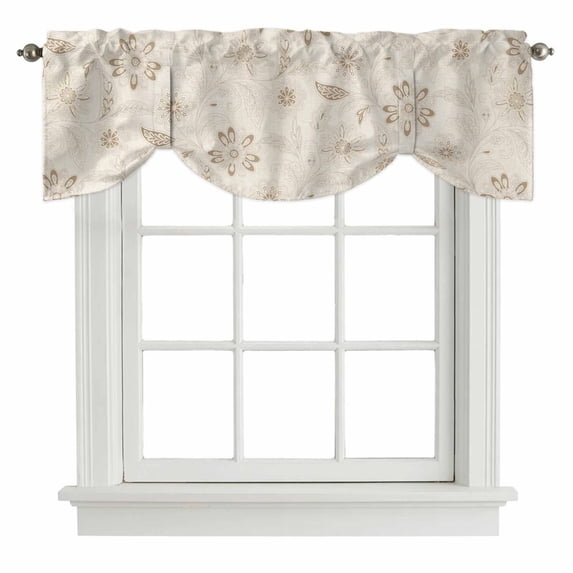 Brown Flowers Tie Up Valance Curtains for Windows, Kitchen Curtains Window Treatments, Vintage Ethnic Tribal Floral Leaves Short Window Shades Valances for Bedroom Bathroom Cafe 42"x18"