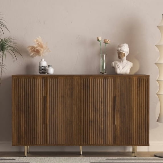 Brown Fluted Buffet Cabinet With Storage Modern Sideboard Credenza Accent Console Table With Adjustable Shelves For Living Dining Room Entryway