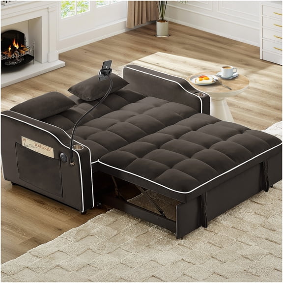 Brown Foldable Velvet Recliner Sofa Bed with USB Ports, Swivel Phone Stand & Side Pockets