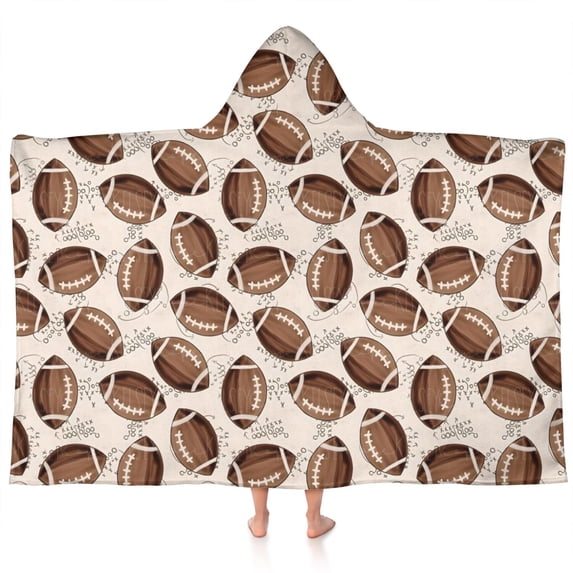 Brown Footballs on Beige Pattern Hooded Bath Towel,60"x35" for Ages 3 To 12 Kids, Quick Dry Lightweight Soft Microfiber Hood Beach Towel Cover Up for Kids