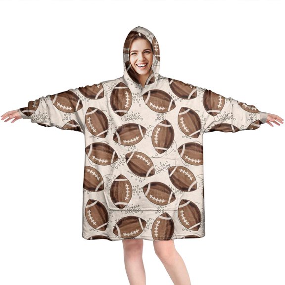 Brown Footballs on Beige Pattern Wearable Oversized Blanket,Wearable Blanket Hoodie for Adults,Cozy Hooded Blankets with Super Pockets,Super Warm Fuzzy Pullover for Women & Men