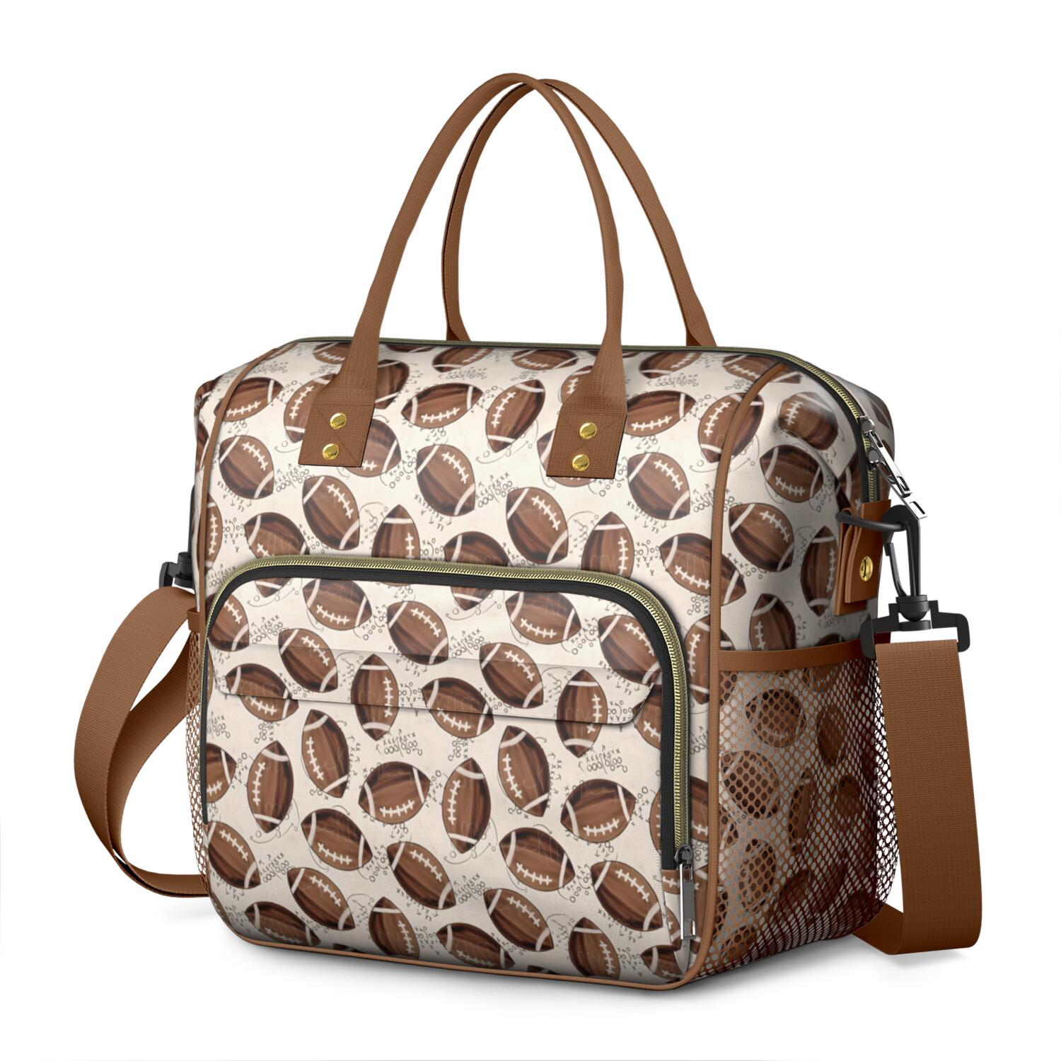 Brown Footballs on Beige Pattern Womens Lunch Box for Work,Insulated Large Lunch Bag for Tween and Teen,Loncheras Para Mujer,Leakproof Adult Lunch Bag for Work,Beach,Travel,Picnic,Camping
