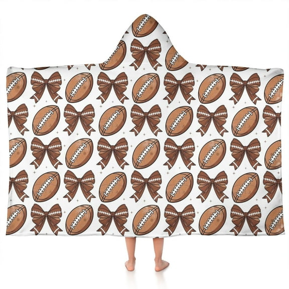 Brown Footballs and Bows Pattern Hooded Bath Towel，50"x30" for Ages 3 To 12 Kids, Quick Dry Lightweight Soft Microfiber Hood Beach Towel Cover Up for Kids