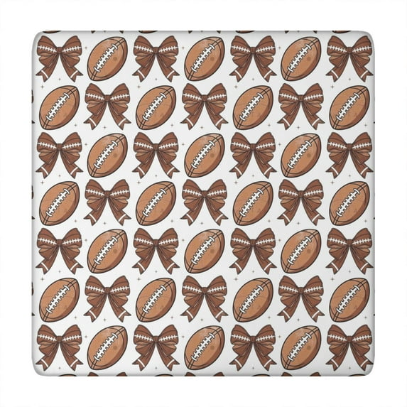 Brown Footballs and Bows Pattern Square Fitted Tablecloth with Elastic Edge,Square Table Cover,Washable Elastic Table Cover for Home Kitchen Party Decor 34"x34"