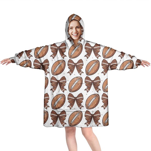 Brown Footballs and Bows Pattern Wearable Oversized Blanket,Wearable Blanket Hoodie for Adults,Cozy Hooded Blankets with Super Pockets,Super Warm Fuzzy Pullover for Women & Men