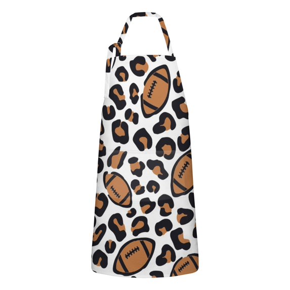 Brown Footballs with Leopard Spots Pattern Apron-Garden Aprons for Women with Pockets-Cotton Linen Waterproof Kitchen Cooking Gardening Aprons Adjustable for Kitchen,Cooking,BBQ and Salon 33x27 Inch