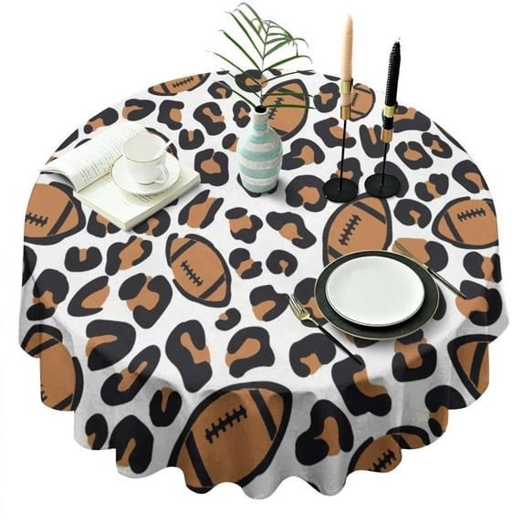 Brown Footballs with Leopard Spots Pattern Round Tablecloth 60"x60",Wrinkle Wipeable Table Cloth for Kitchen Dining Room Picnic Patio Party