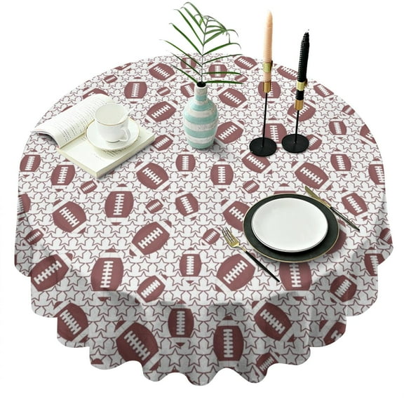 Brown Footballs with Stars Pattern Round Tablecloth 60"x60",Wrinkle Wipeable Table Cloth for Kitchen Dining Room Picnic Patio Party