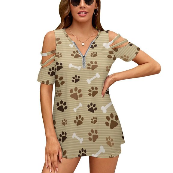 Brown Footprints And Bones Womens Summer V Neck Zipper Top Short Sleeve T Shirt Off Shoulder Top Casual Classy Loose Shirts
