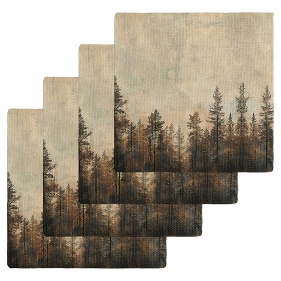 Brown Forest Dish Towels Set, Waffle Weave Kitchen Towels 4 Pieces, Vintage Tree Farmhouse Botanical Microfiber Hair Face Bath Tea Towel Absorbent Quick Drying Cleaning Dish Cloths 12"x12"