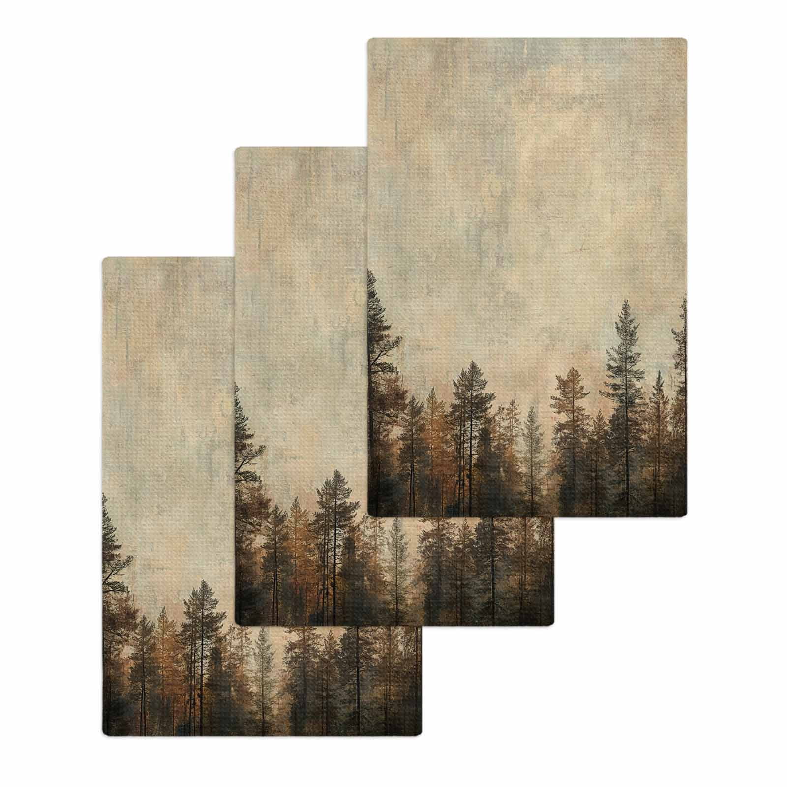 Brown Forest Hand Towels Set, Waffle Weave Kitchen Towels 3 Pieces, Vintage Tree Farmhouse Botanical Microfiber Hair Face Bath Tea Towel Absorbent Quick Drying Cleaning Dish Cloths 15.7"x23.6"