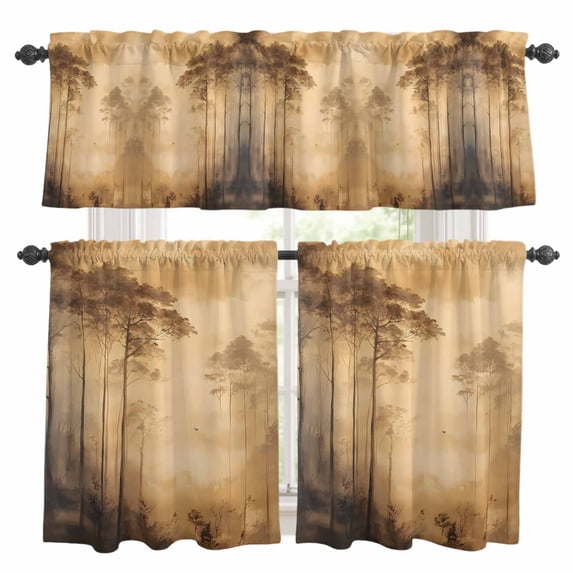 Brown Forest Kitchen Curtains Sets for Windows 36 Inch Length, Tree Retro Farmhouse Mysterious Rod Pocket Window Treatments Tier Curtains and Valances Set for Bedroom/Bathroom