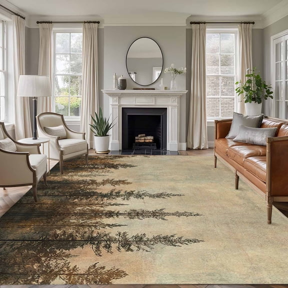 Brown Forest Large Area Rug 8x10 FT, Non Slip Living Room Throw Carpet, Vintage Tree Farmhouse Botanical Washable Soft Indoor Outdoor Carpet Non-Shedding Rug for Bedroom Dining Room