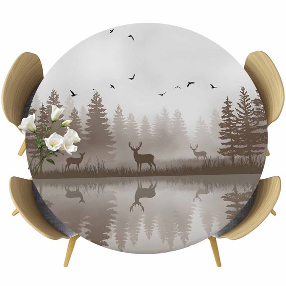 Brown Forest Round Tablecloth 36-44 Inch Round Fitted Table Cloth with Elastic Edge, Pine Tree Raindeer Lake Misty Natural Scenery Waterproof Table Cover Protector for Outdoor Picnic Party Dining