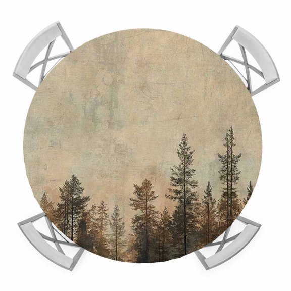 Brown Forest Round Tablecloth for 45-54 Inch Tables, Fitted Table Cover with Elastic Edge, Vintage Tree Farmhouse Botanical Waterproof Outdoor Table Cloth Protector for Patio Garden Dinner Picnic