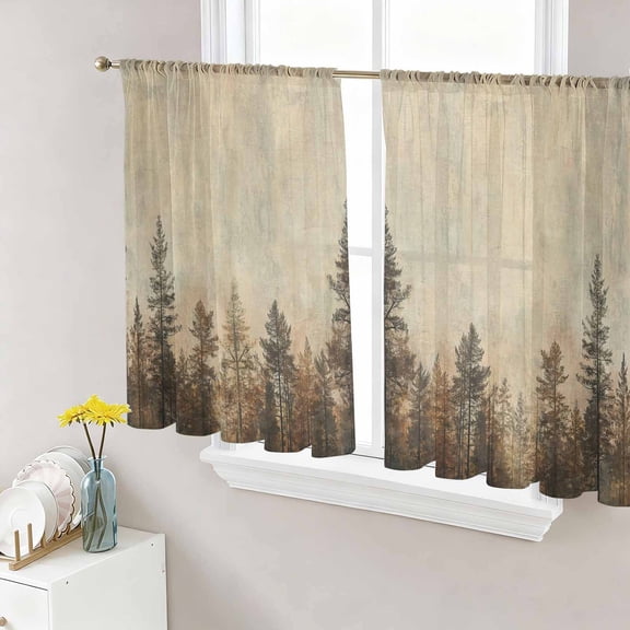 Brown Forest Semi Sheer Window Curtains 54 Inches Long, Vintage Tree Farmhouse Botanical Rod Pocket Voile Silky Chiffon Curtain Light Filtering Drapes for Living Room, Kitchen, 52"x54", 2 Panels