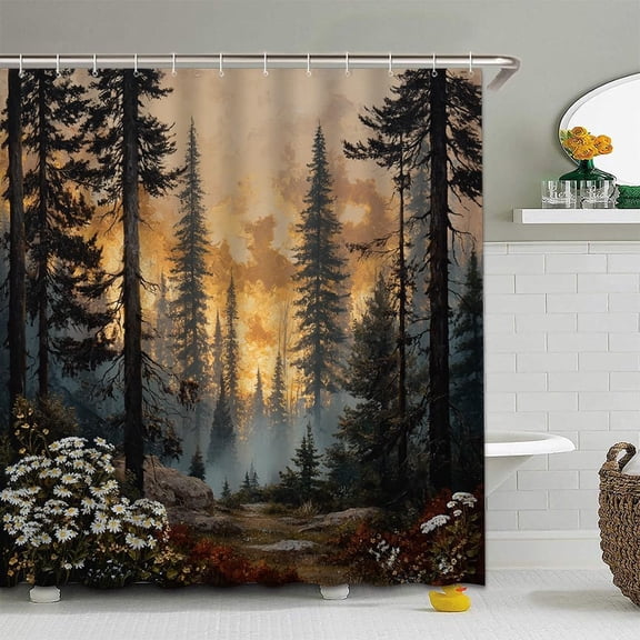 Brown Forest Shower Curtain Rustic Foggy Pine Tree Cabin Hunting Outdoor Men Jungle Floral Mens Sunset Sunrise Landscape Bathroom Curtain Set Polyester Fabric Hooks-60"W x 72"L (Pack of 1)