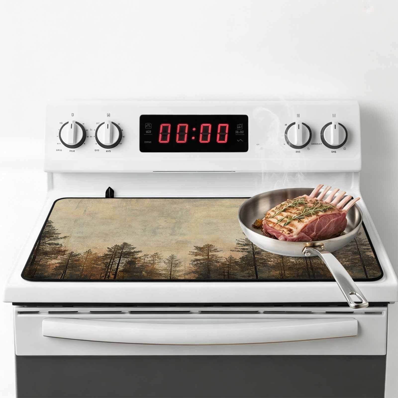 Brown Forest Stove Top Cover for Electric Stove, Heat-proof & Non Slip Glass Top Stove Cover Protector, Vintage Tree Farmhouse Botanical Kitchen Flat Cooktop Rubber Mat 24x21 Inches