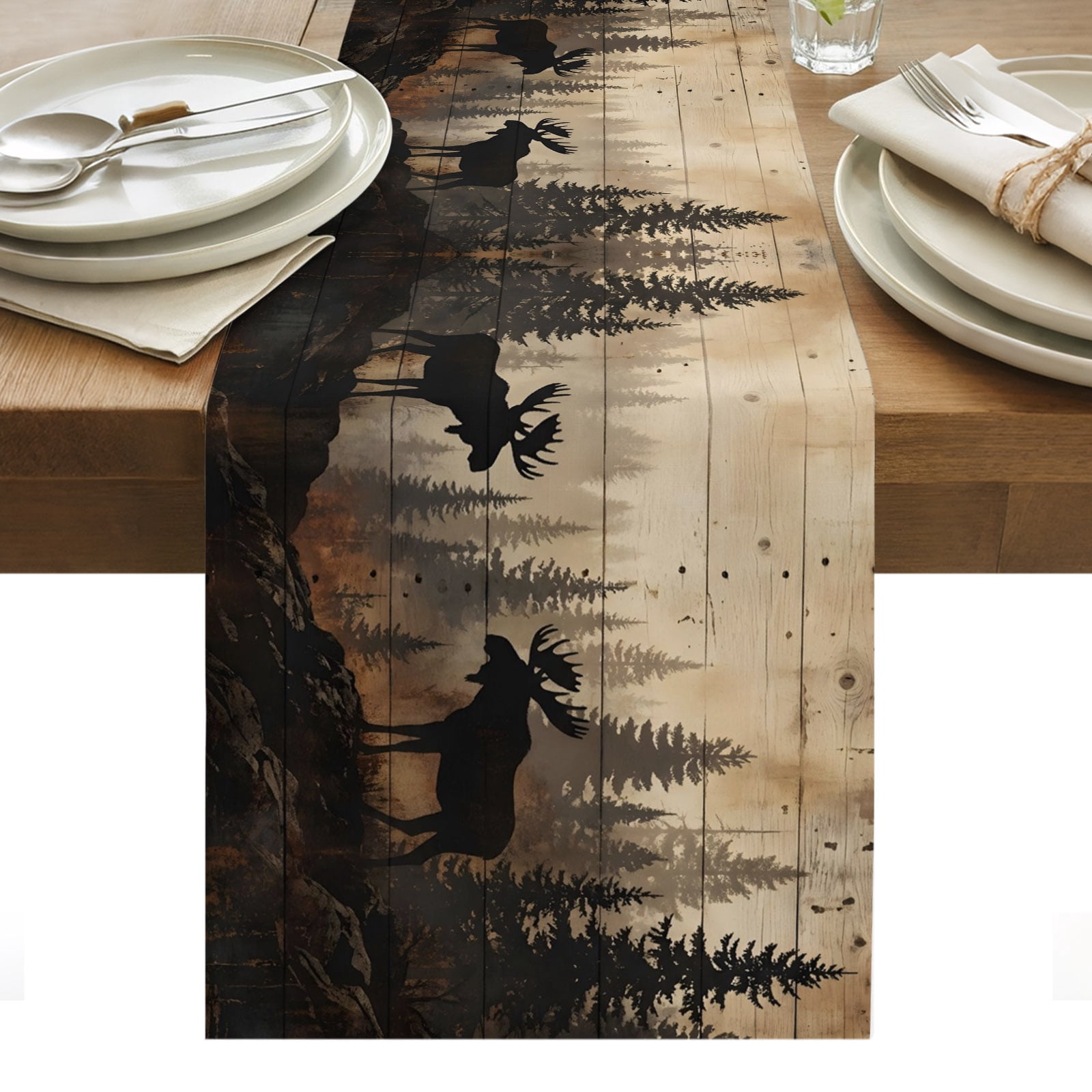 Brown Forest Table Runner Deer Misty Pine Tree Plants Vintage ...