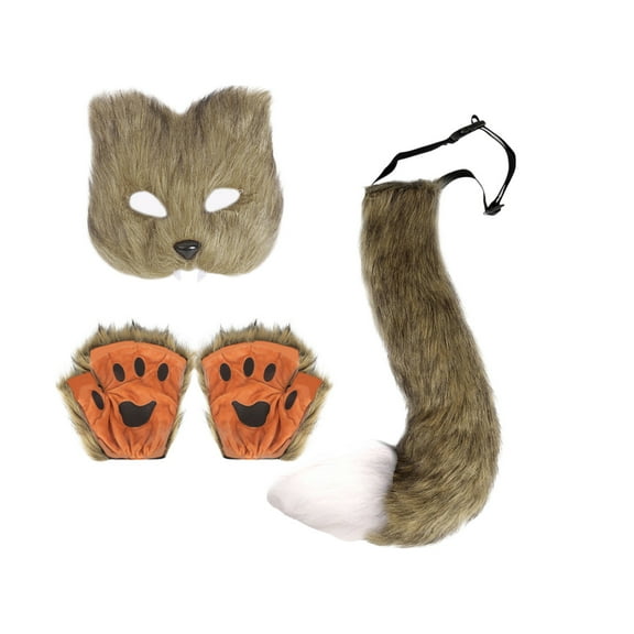 Brown Fox Costume Set - Faux Fur Gloves, Ears & Tail for Adults Halloween Christmas Parties